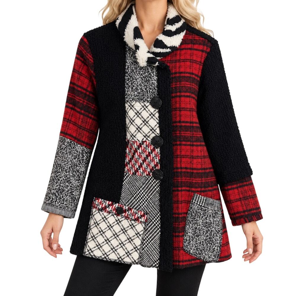 Ali Miles Sz Medium Red Plaid Coat Jacket Holiday Christmas Wearable Art Top